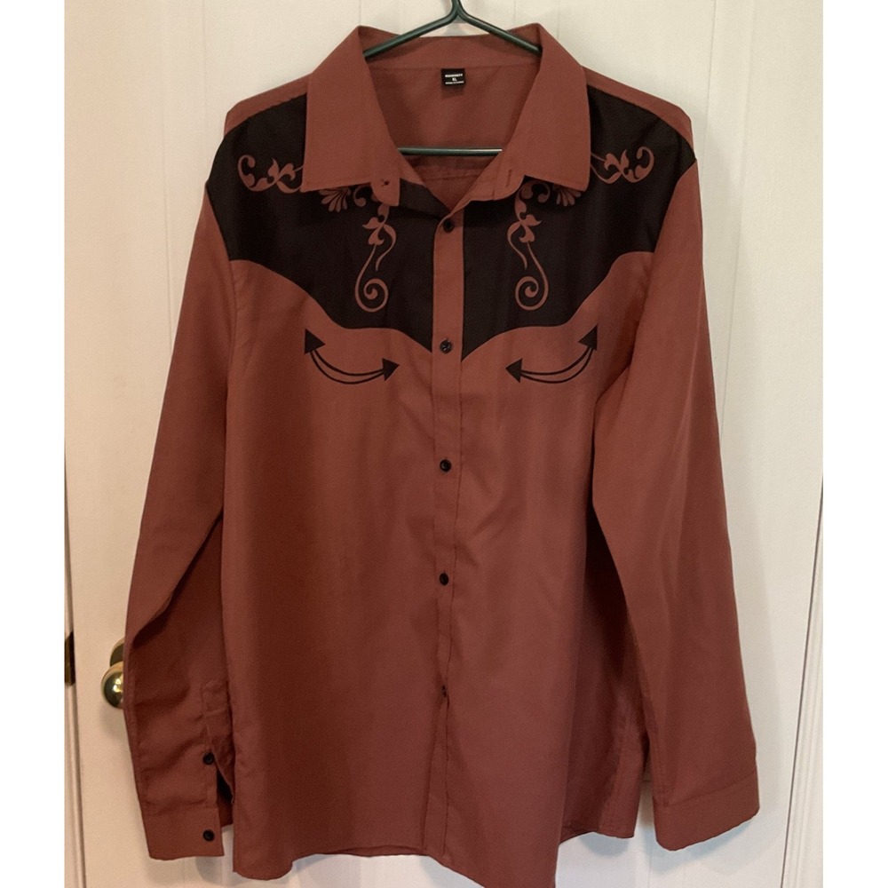 Manfinity Western Shirt Mens XL Rust Brown Excellent Embroidered Long Sleeve